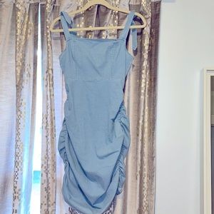 VICI: Denim Ruched Side Midi Dress